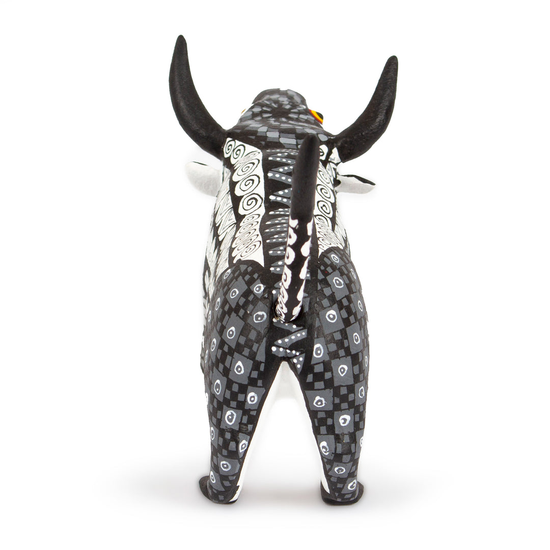 Mexican-Made Black and White Wood Alebrije Bull Sculpture - Toro Underworld