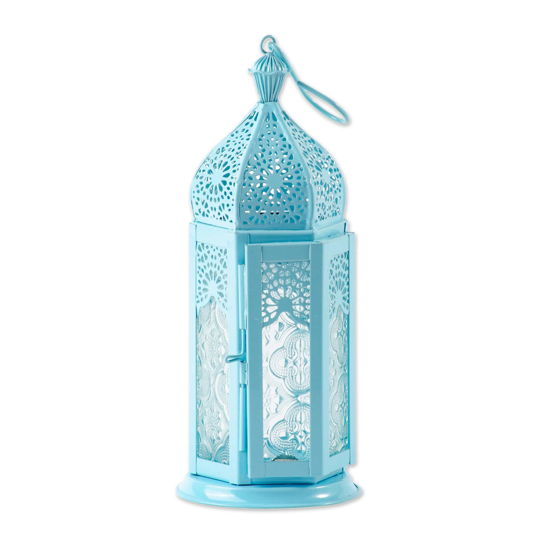 Blue Hanging Lantern with Decorative Glass from India - Princely Pastel