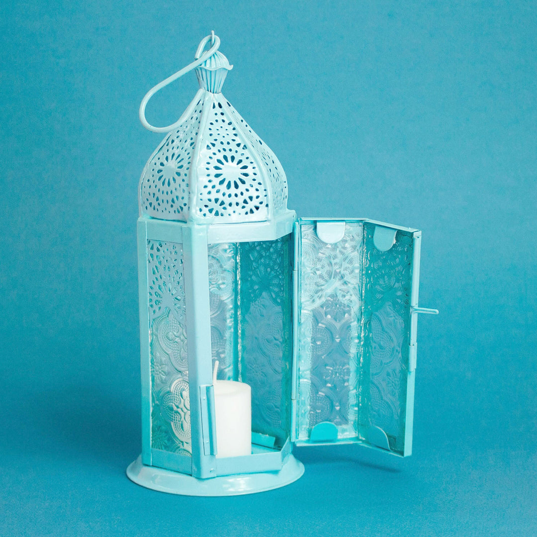 Blue Hanging Lantern with Decorative Glass from India - Princely Pastel