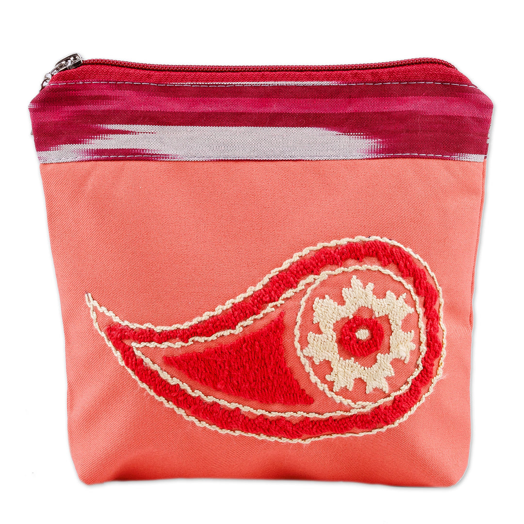 Cotton Cosmetic Bag with Suzani Hand Embroidery Ikat Accent - Chic Paisley