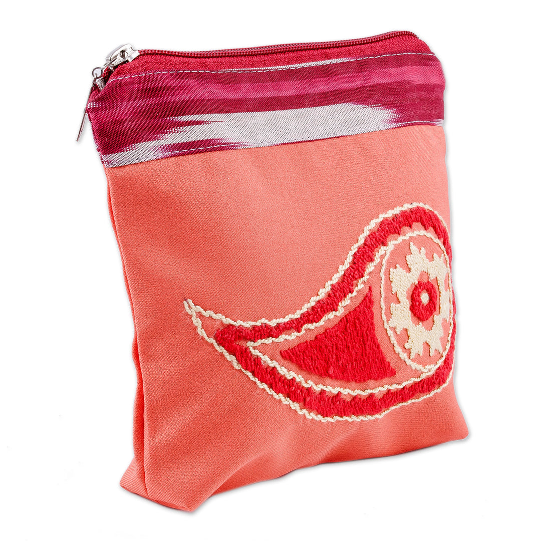 Cotton Cosmetic Bag with Suzani Hand Embroidery Ikat Accent - Chic Paisley