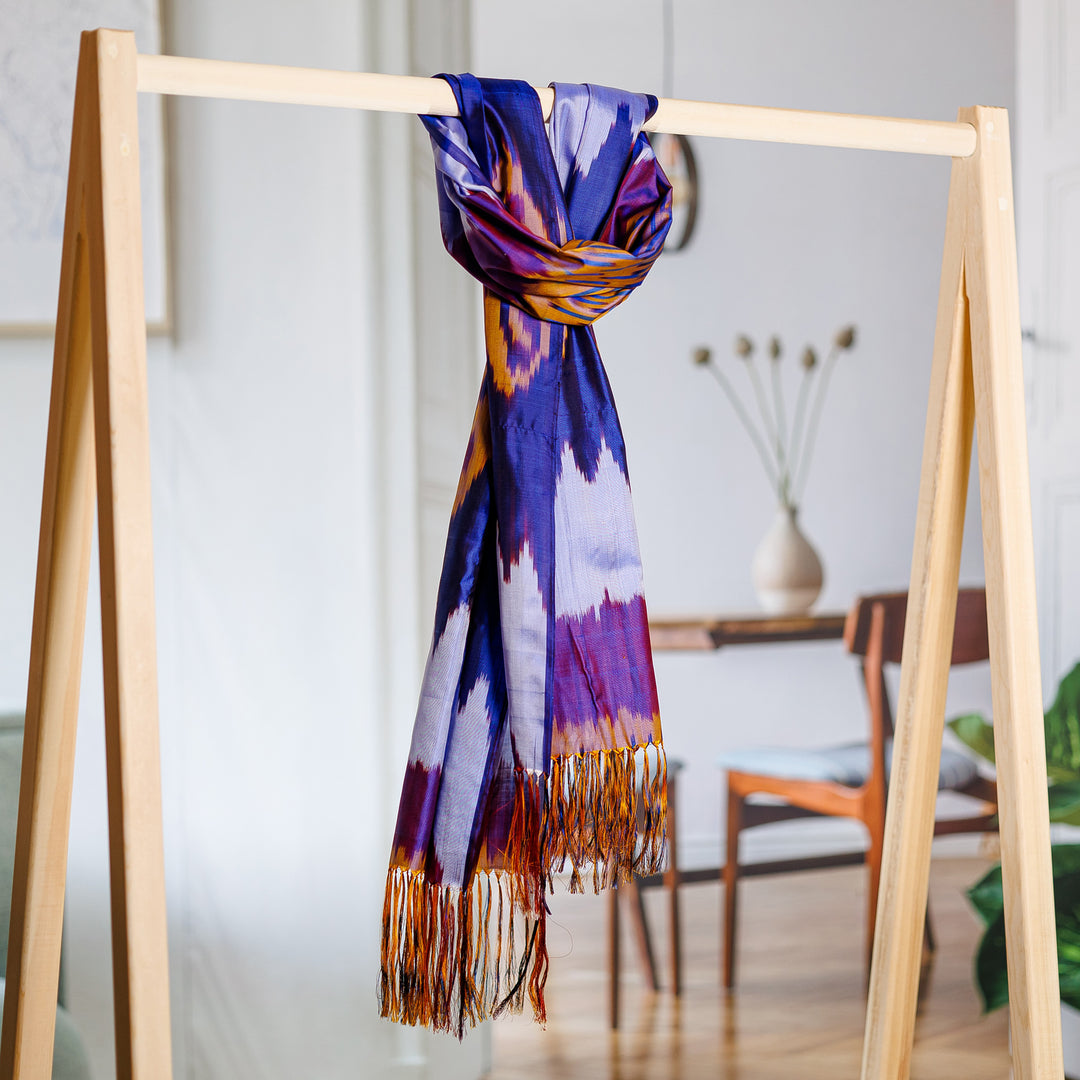 Handwoven Ikat Patterned Purple and Fuchsia Silk Scarf - Royal Fantasy