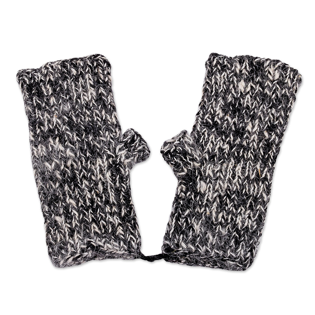 Handwoven White and Black Cashmere Wool Fingerless Mittens - Pleasant Duo