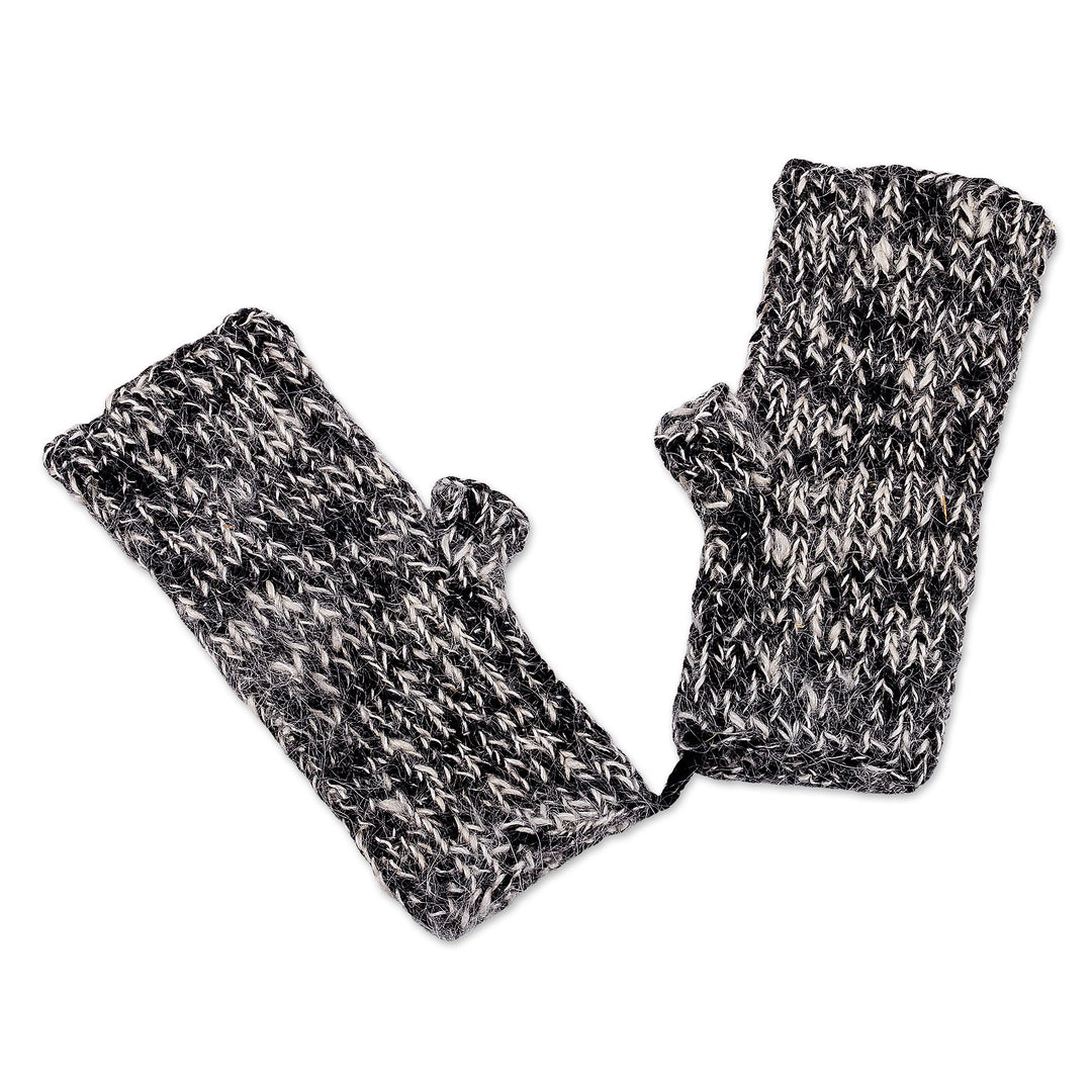 Handwoven White and Black Cashmere Wool Fingerless Mittens - Pleasant Duo
