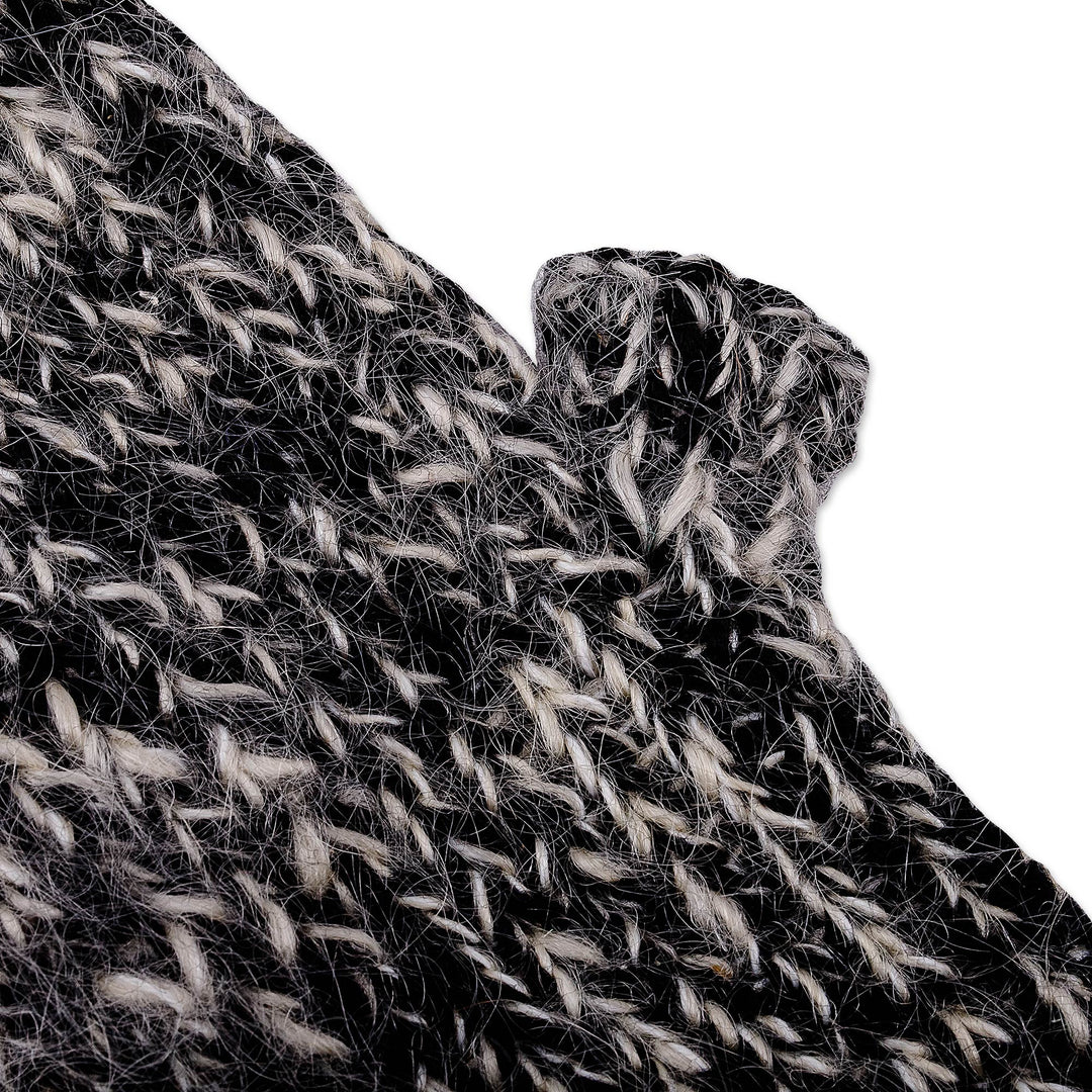 Handwoven White and Black Cashmere Wool Fingerless Mittens - Pleasant Duo