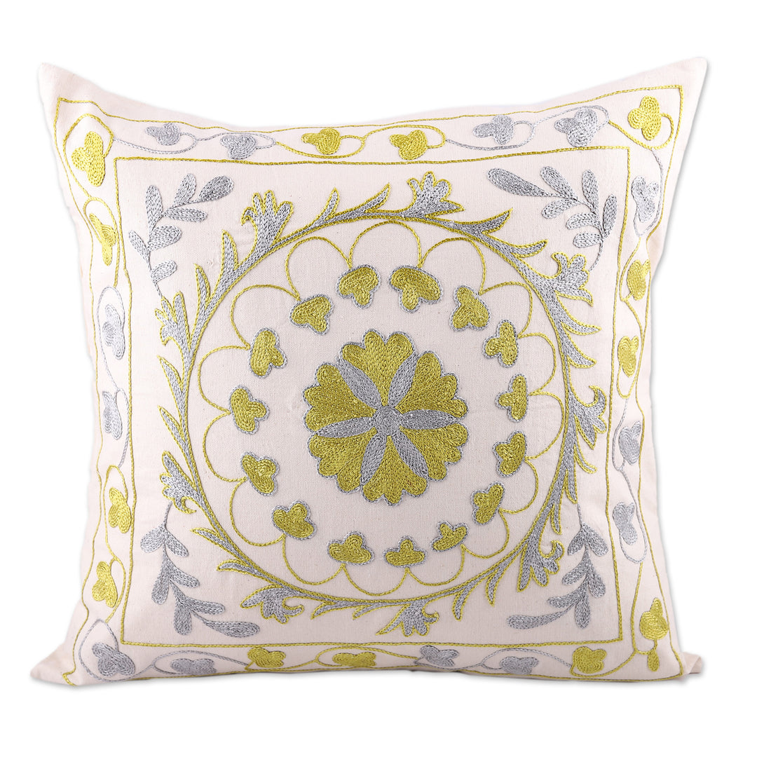 Suzani Embroidered Golden and Silver Cotton Pillow Sham - Divine Eden