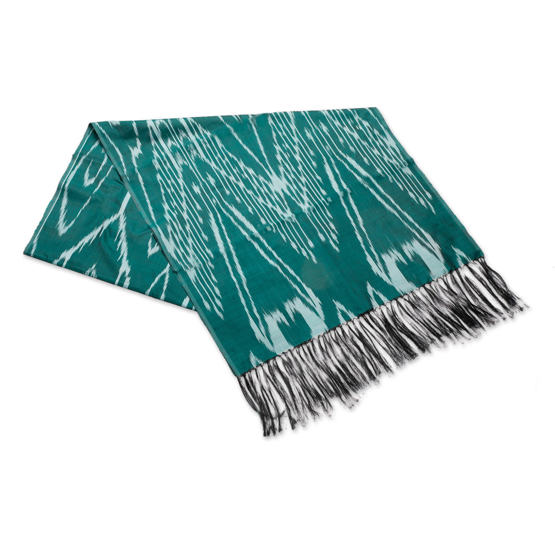 Hand-Woven Fringed Silk Ikat Scarf in Teal from Uzbekistan - Stylish Teal
