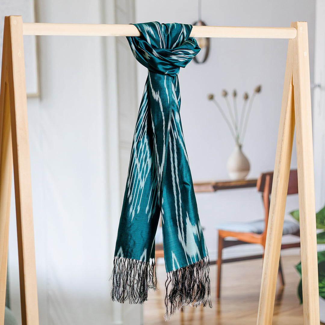 Hand-Woven Fringed Silk Ikat Scarf in Teal from Uzbekistan - Stylish Teal