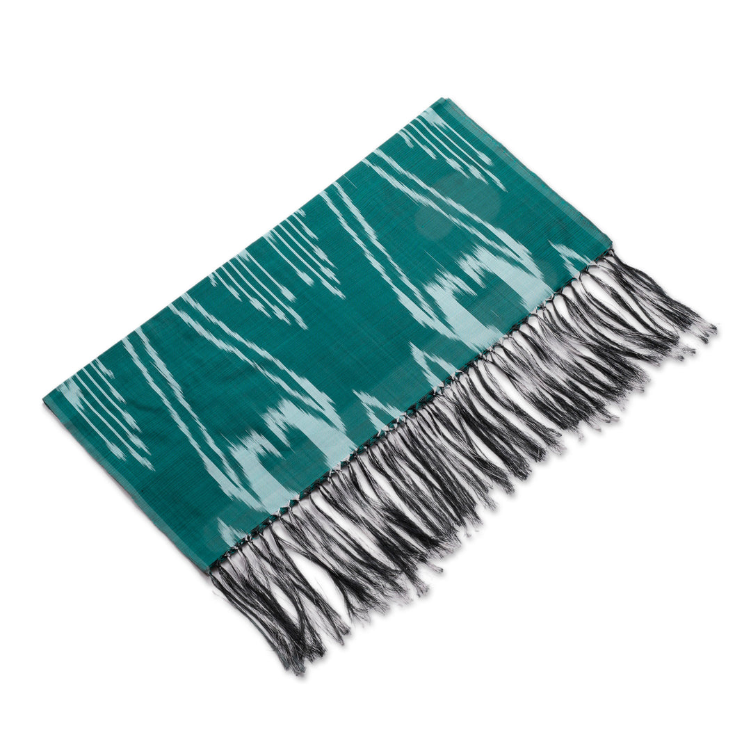 Hand-Woven Fringed Silk Ikat Scarf in Teal from Uzbekistan - Stylish Teal