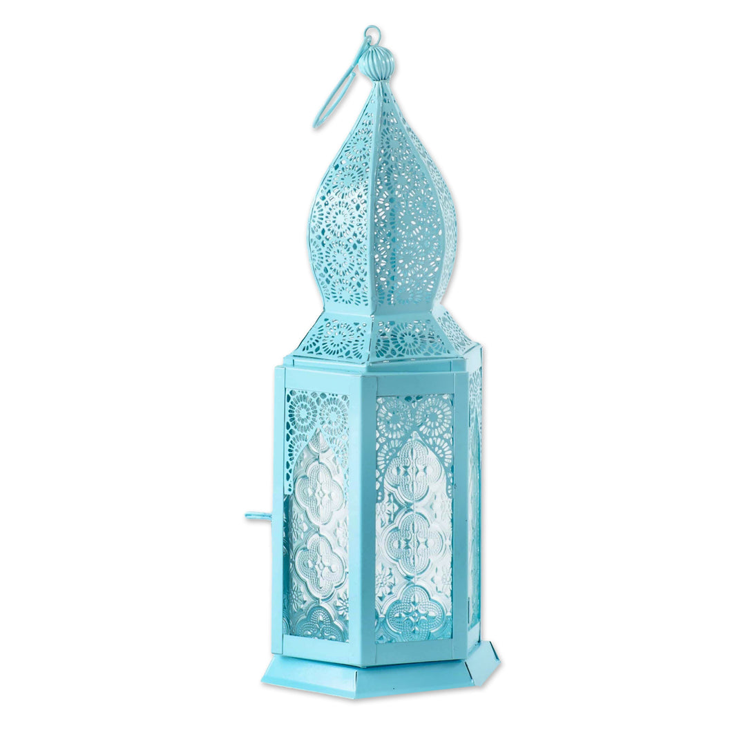 Large Blue Hanging Lantern with Decorative Glass - Princely Pastel