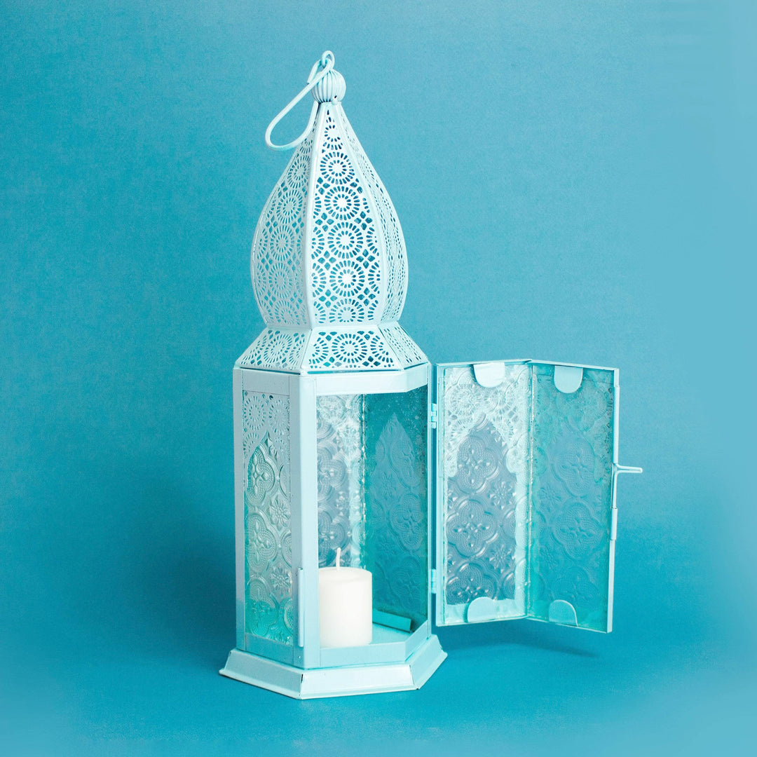 Large Blue Hanging Lantern with Decorative Glass - Princely Pastel