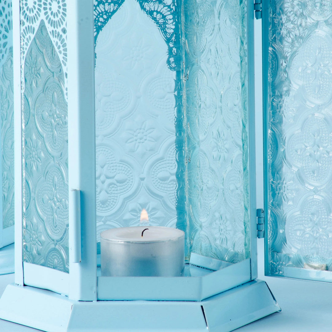 Large Blue Hanging Lantern with Decorative Glass - Princely Pastel