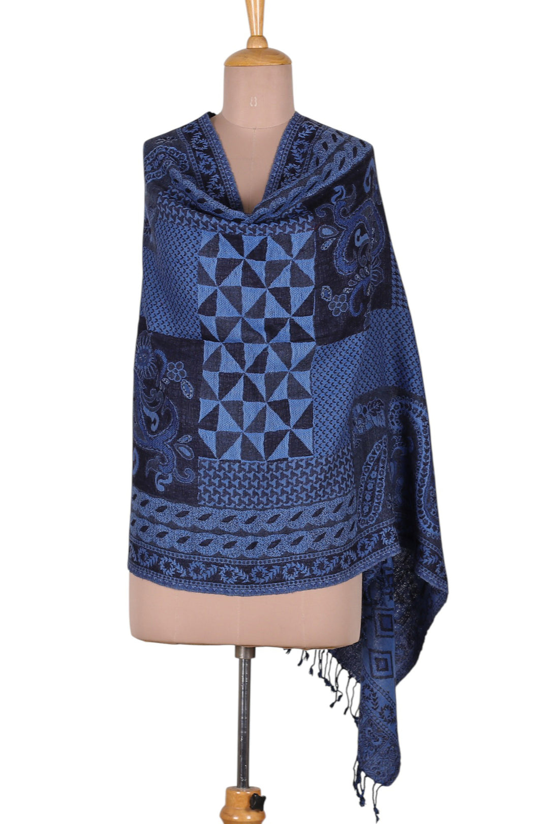 Patchwork Geometric and Paisley-Themed Wool Shawl in Blue - Midnight Patches