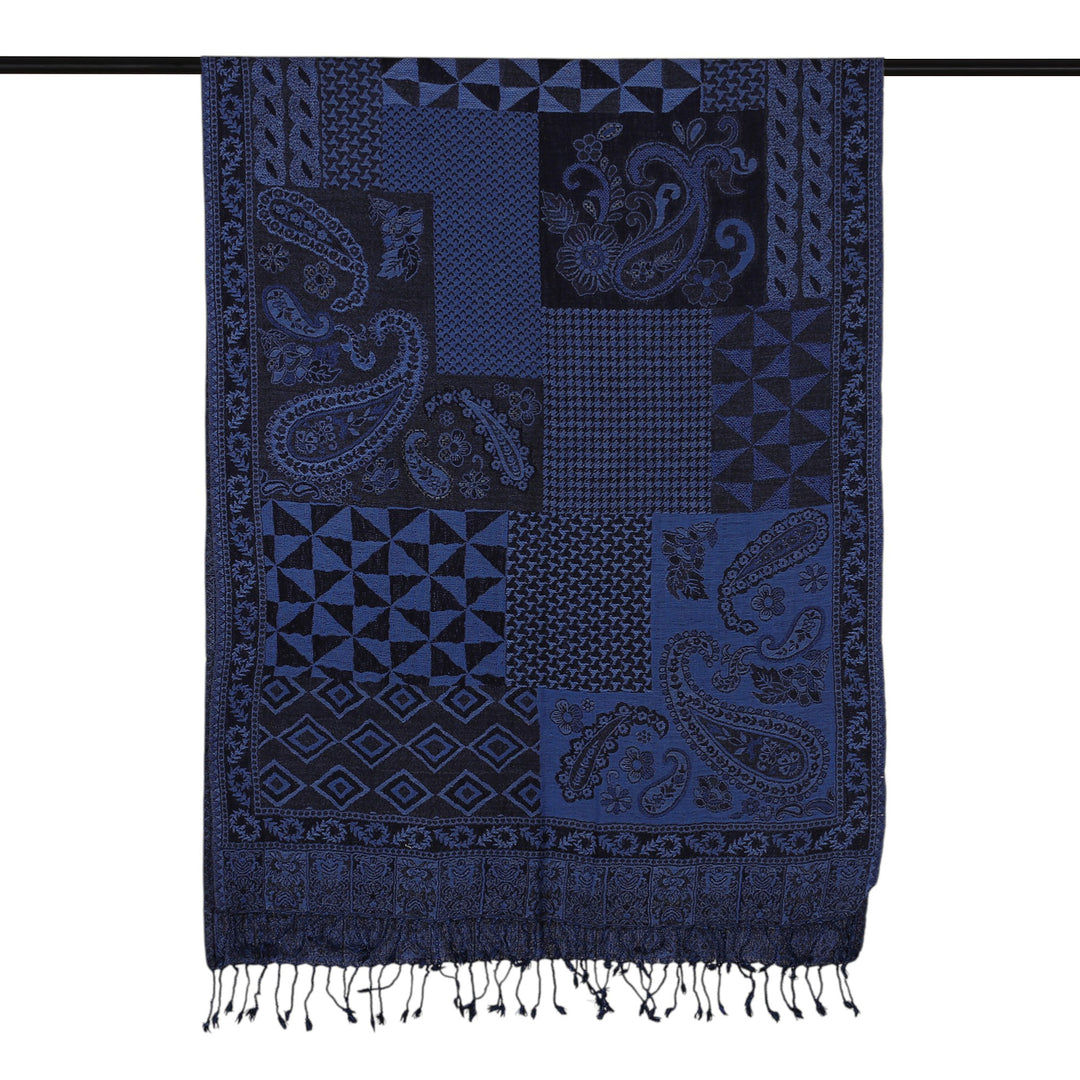 Patchwork Geometric and Paisley-Themed Wool Shawl in Blue - Midnight Patches