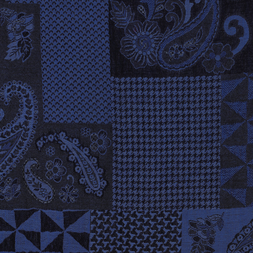 Patchwork Geometric and Paisley-Themed Wool Shawl in Blue - Midnight Patches