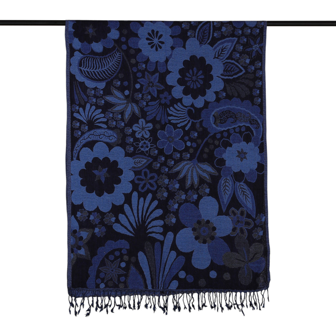 Jamawar-Inspired Floral Leaf Paisley-Themed Blue Wool Shawl - Indigo Bloom