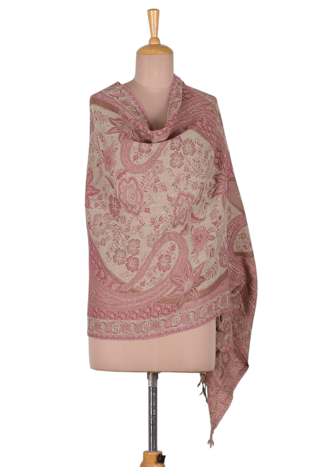 Paisley Floral-Themed Pink Jamawar Wool Shawl with Fringes - Sophisticated Appeal