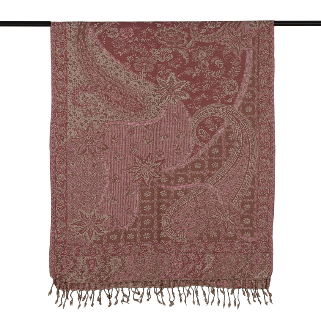 Paisley Floral-Themed Pink Jamawar Wool Shawl with Fringes - Sophisticated Appeal