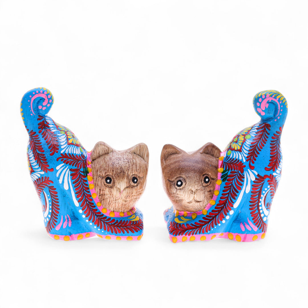 Artisan-Made 2-Piece Painted Raintreed Wood Cat Figurine Set - Feline Waves