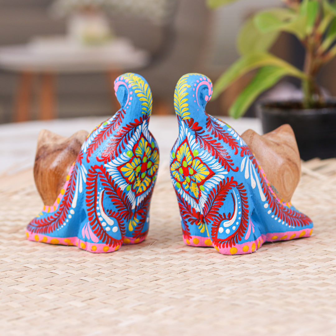 Artisan-Made 2-Piece Painted Raintreed Wood Cat Figurine Set - Feline Waves