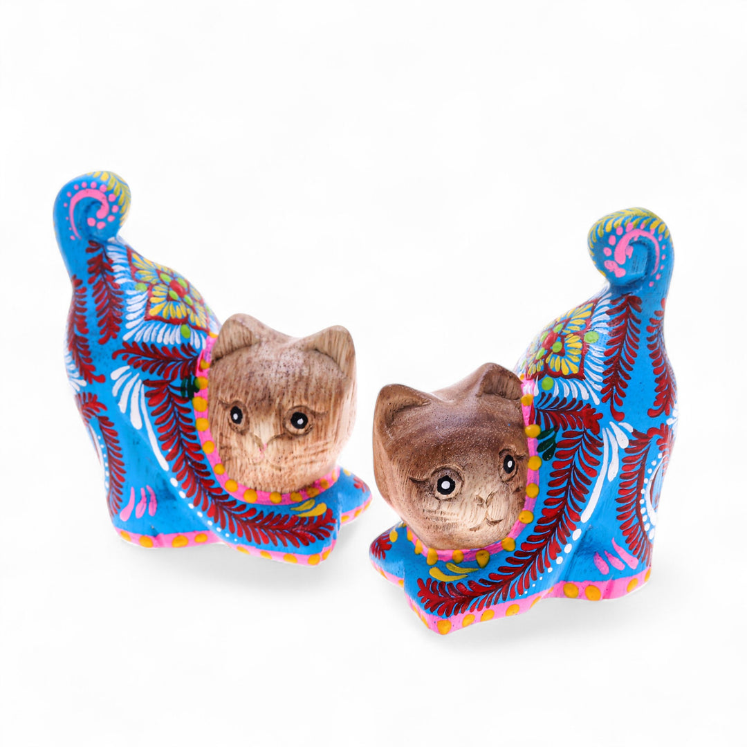 Artisan-Made 2-Piece Painted Raintreed Wood Cat Figurine Set - Feline Waves