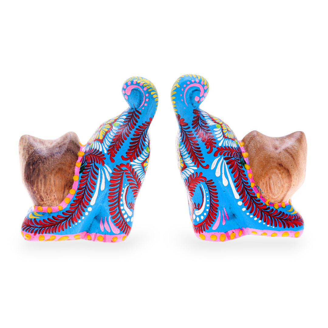 Artisan-Made 2-Piece Painted Raintreed Wood Cat Figurine Set - Feline Waves