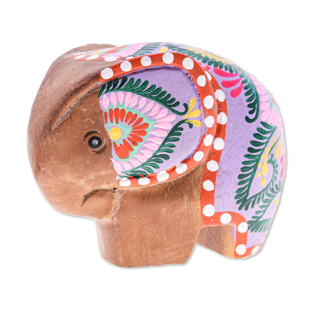 Floral Painted Raintree Wood Elephant Figurine in Fuchsia - Tiny Sage