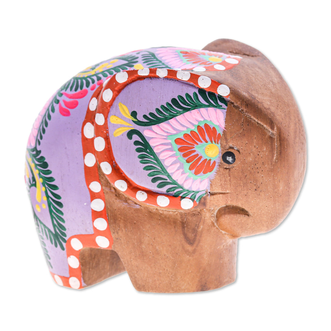 Floral Painted Raintree Wood Elephant Figurine in Fuchsia - Tiny Sage
