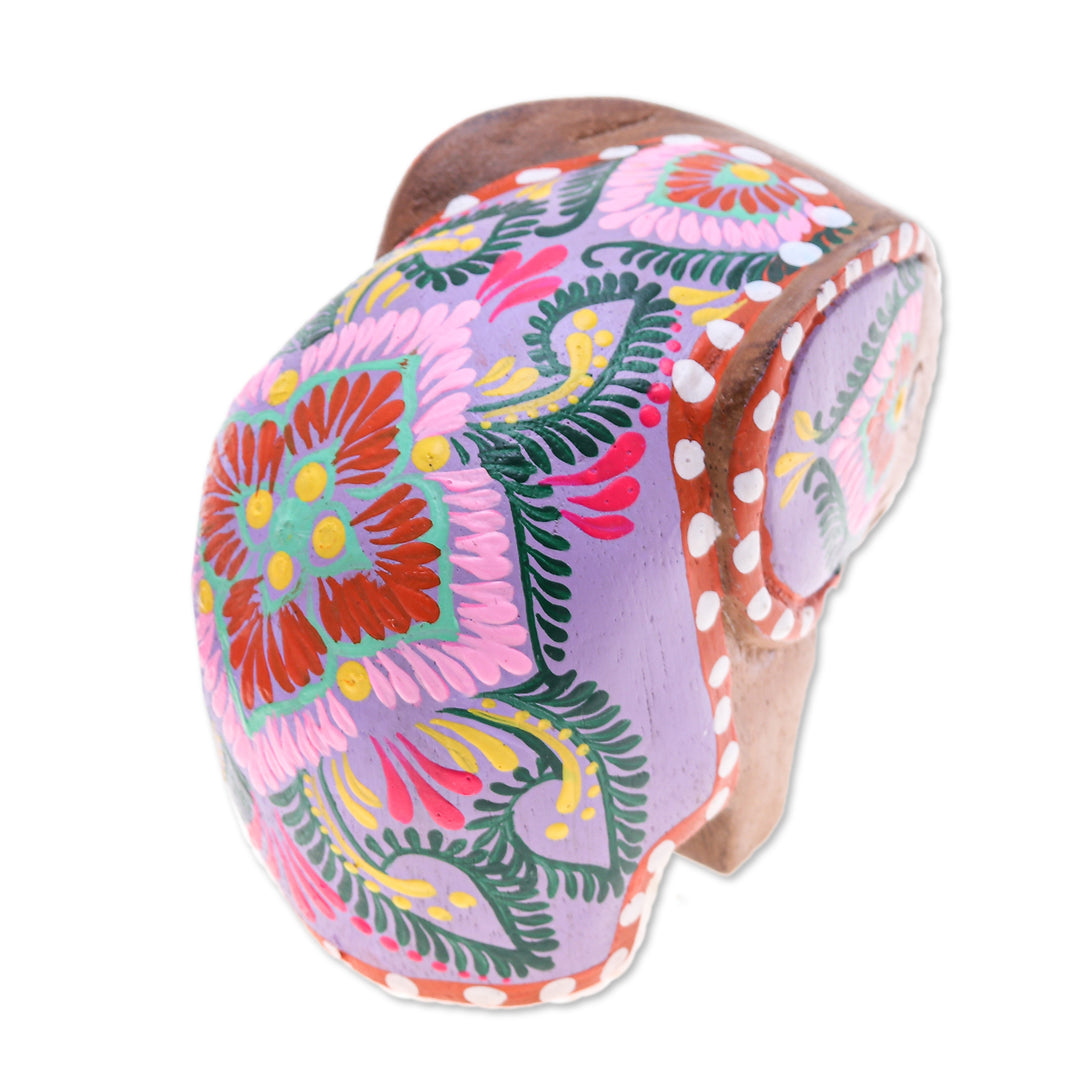 Floral Painted Raintree Wood Elephant Figurine in Fuchsia - Tiny Sage