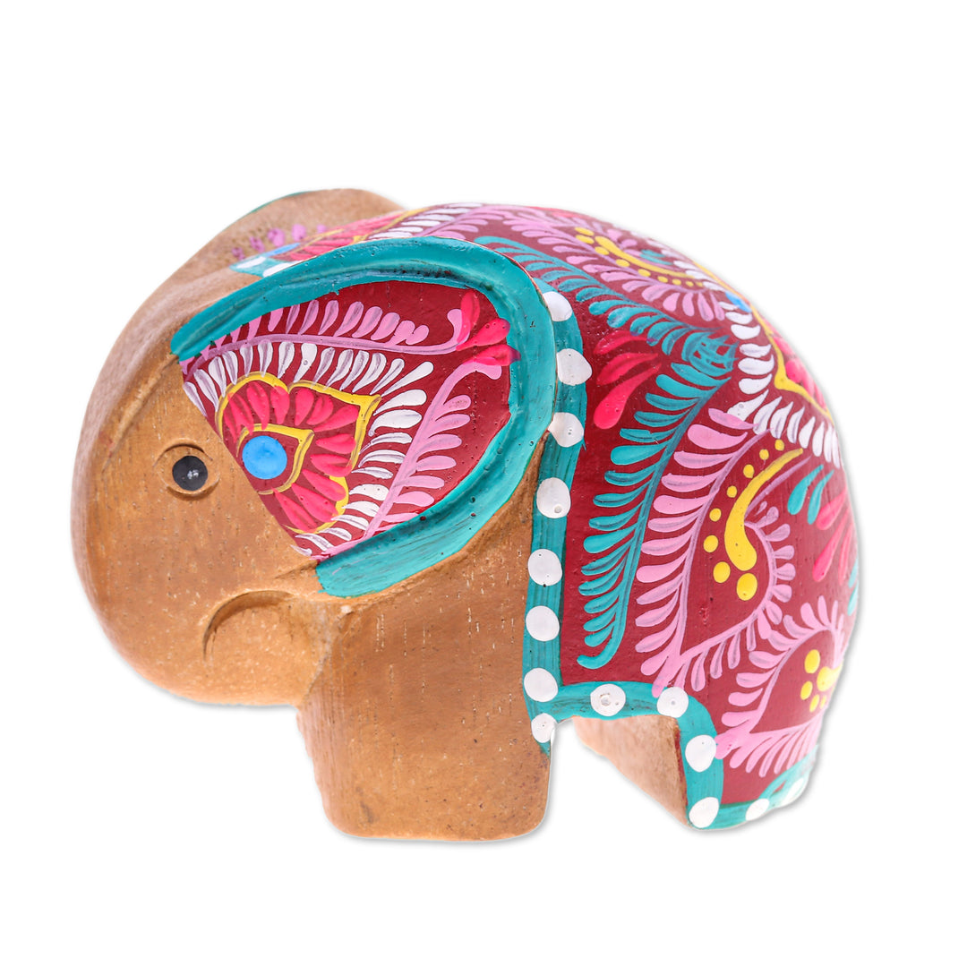 Thai-Made Floral Painted Raintree Wood Elephant Figurine - Tiny Beloved