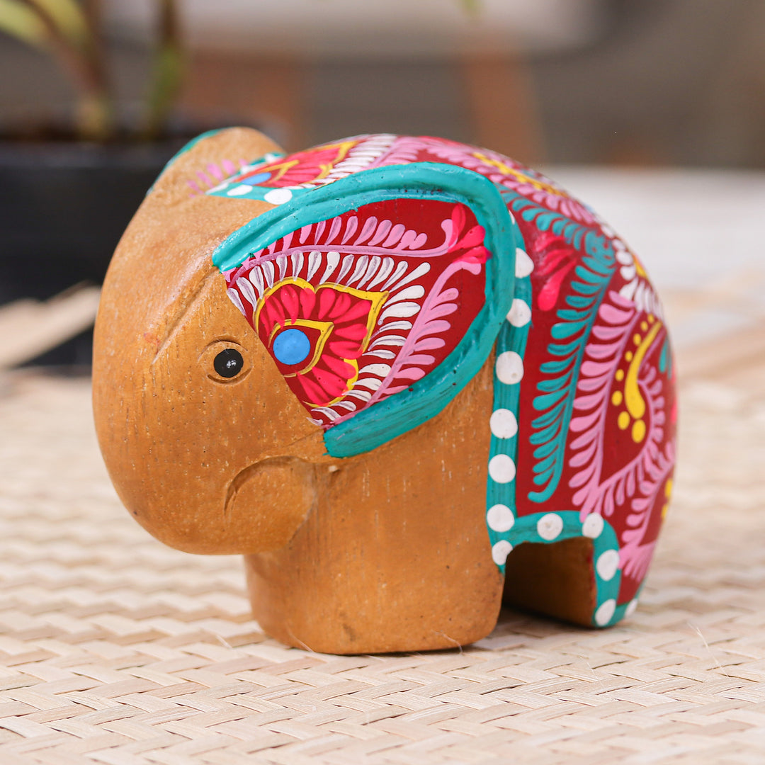 Thai-Made Floral Painted Raintree Wood Elephant Figurine - Tiny Beloved
