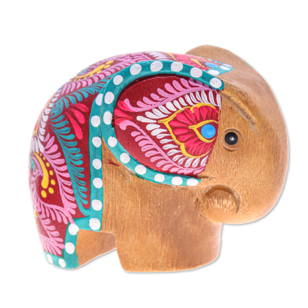 Thai-Made Floral Painted Raintree Wood Elephant Figurine - Tiny Beloved