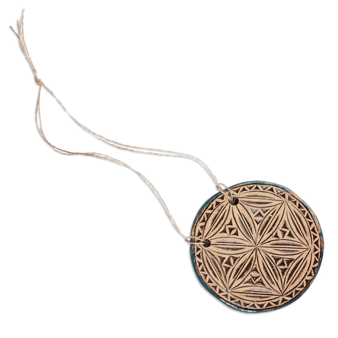 Geometric Floral Patterned Teal Ceramic Amulet Home Accent - Destiny Blossom