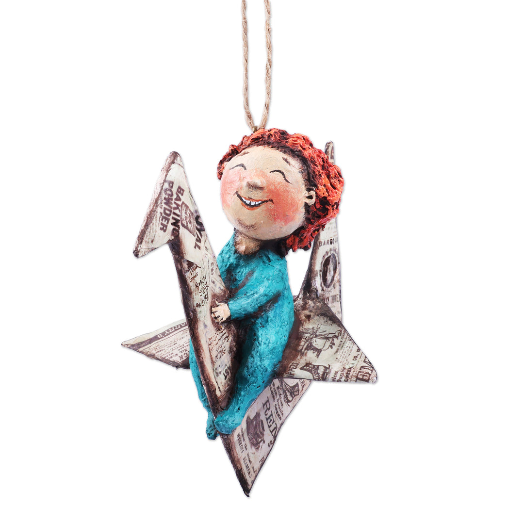 Hand-Painted Papier Mache Ornament of Child and Paper Crane - Dreamy Childhood