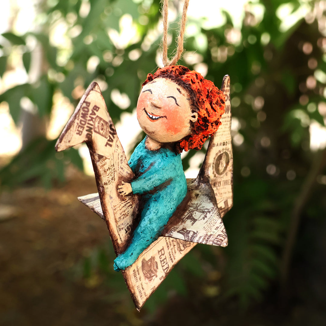 Hand-Painted Papier Mache Ornament of Child and Paper Crane - Dreamy Childhood