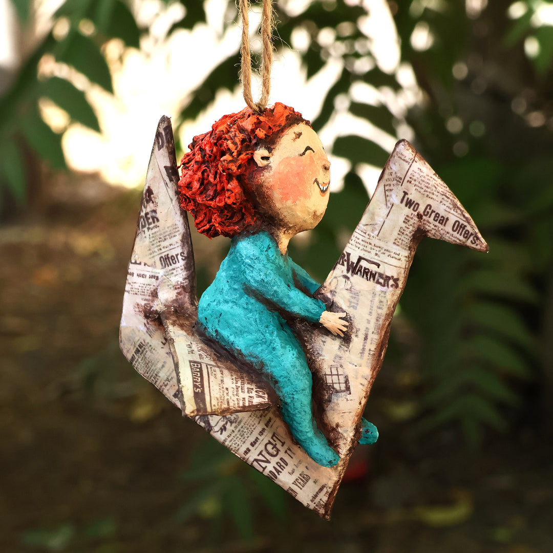 Hand-Painted Papier Mache Ornament of Child and Paper Crane - Dreamy Childhood