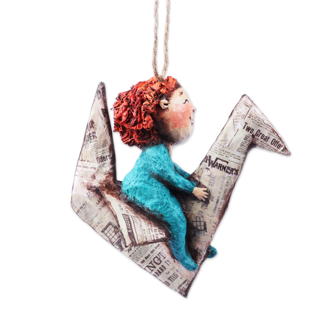 Hand-Painted Papier Mache Ornament of Child and Paper Crane - Dreamy Childhood