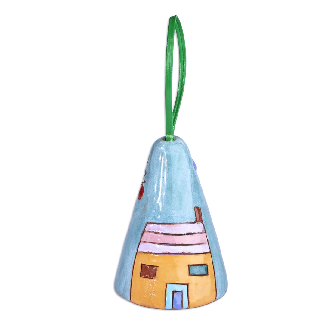 Hand-Painted Blue and Yellow Glazed Ceramic Bell Ornament - Serene Home