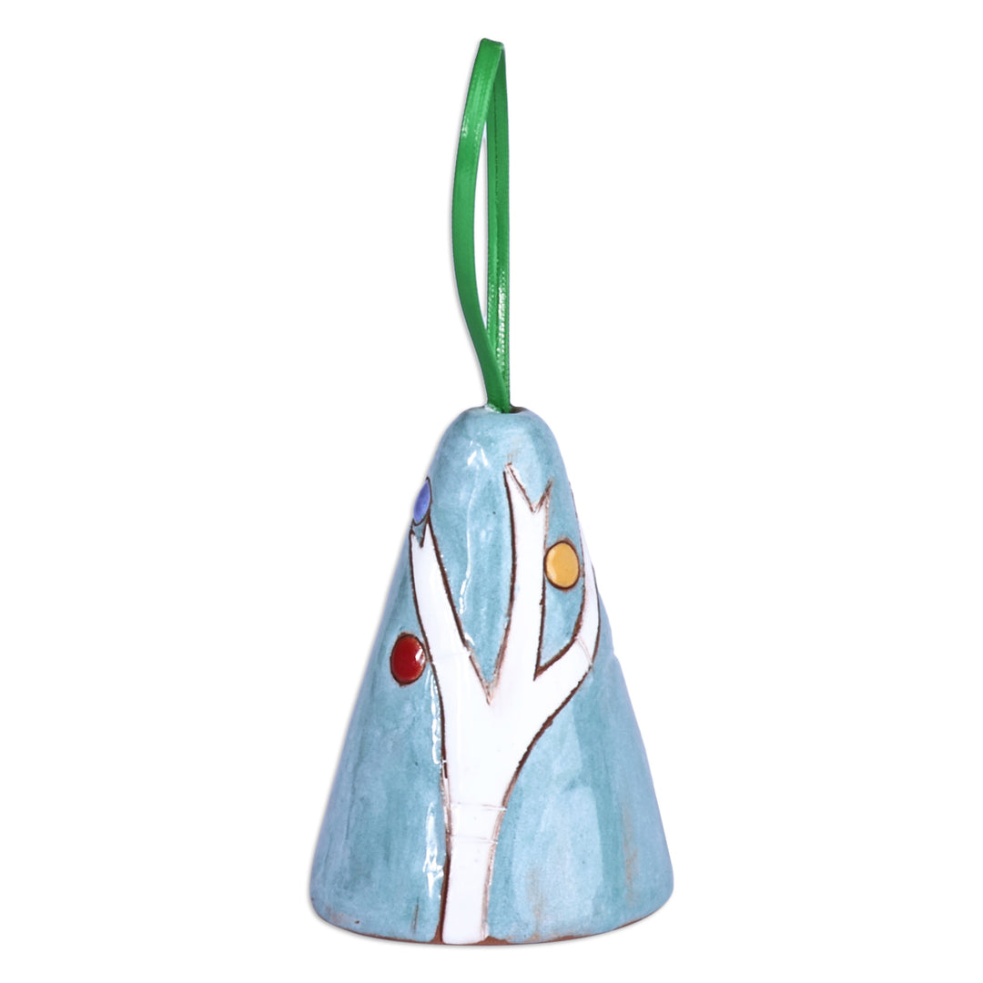 Hand-Painted Blue and Yellow Glazed Ceramic Bell Ornament - Serene Home
