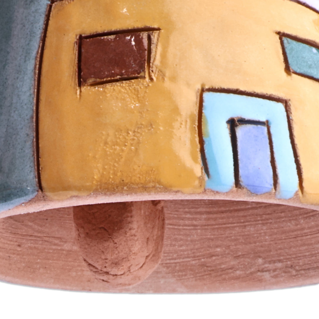 Hand-Painted Blue and Yellow Glazed Ceramic Bell Ornament - Serene Home