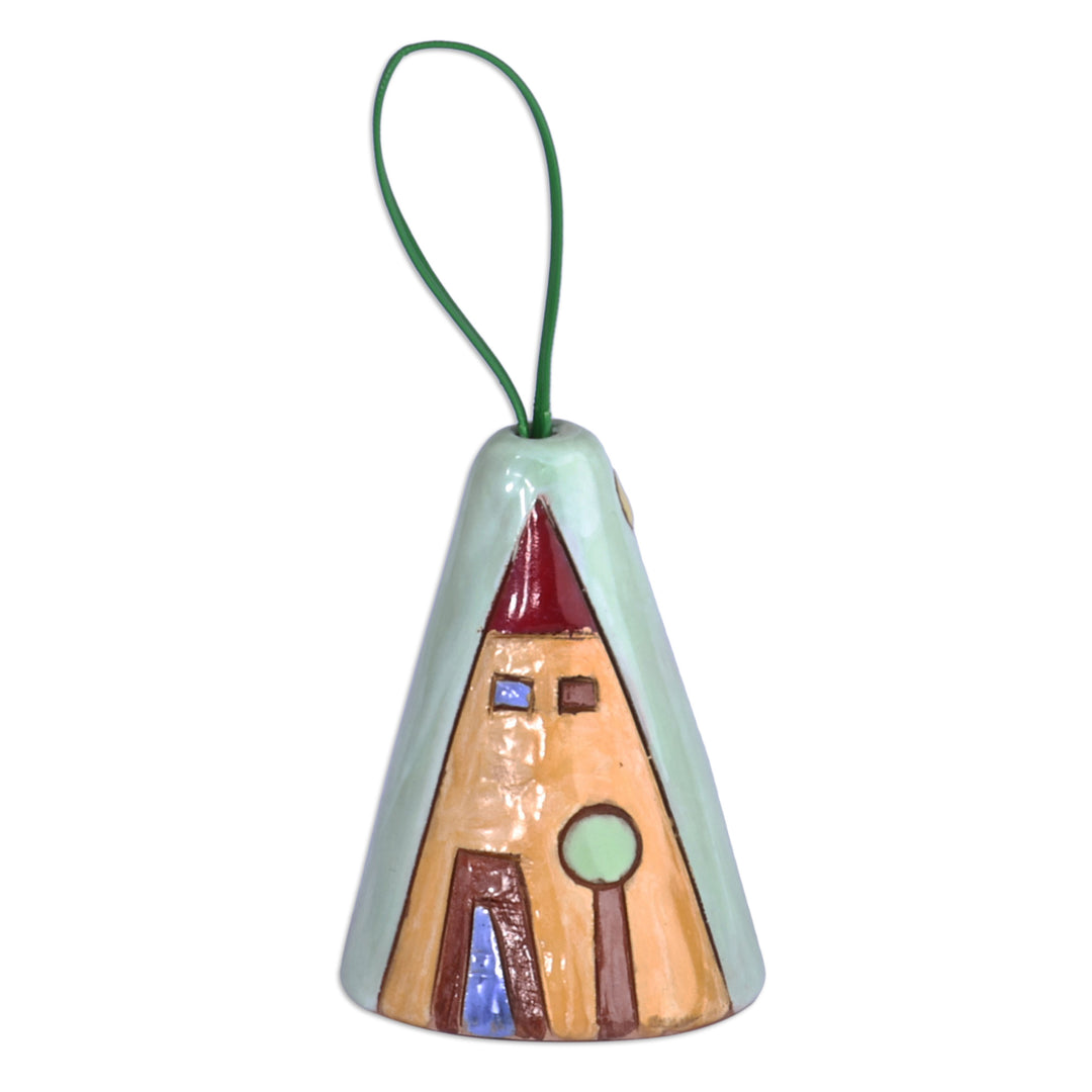 Hand-Painted Green and Yellow Glazed Ceramic Bell Ornament - House and Peace