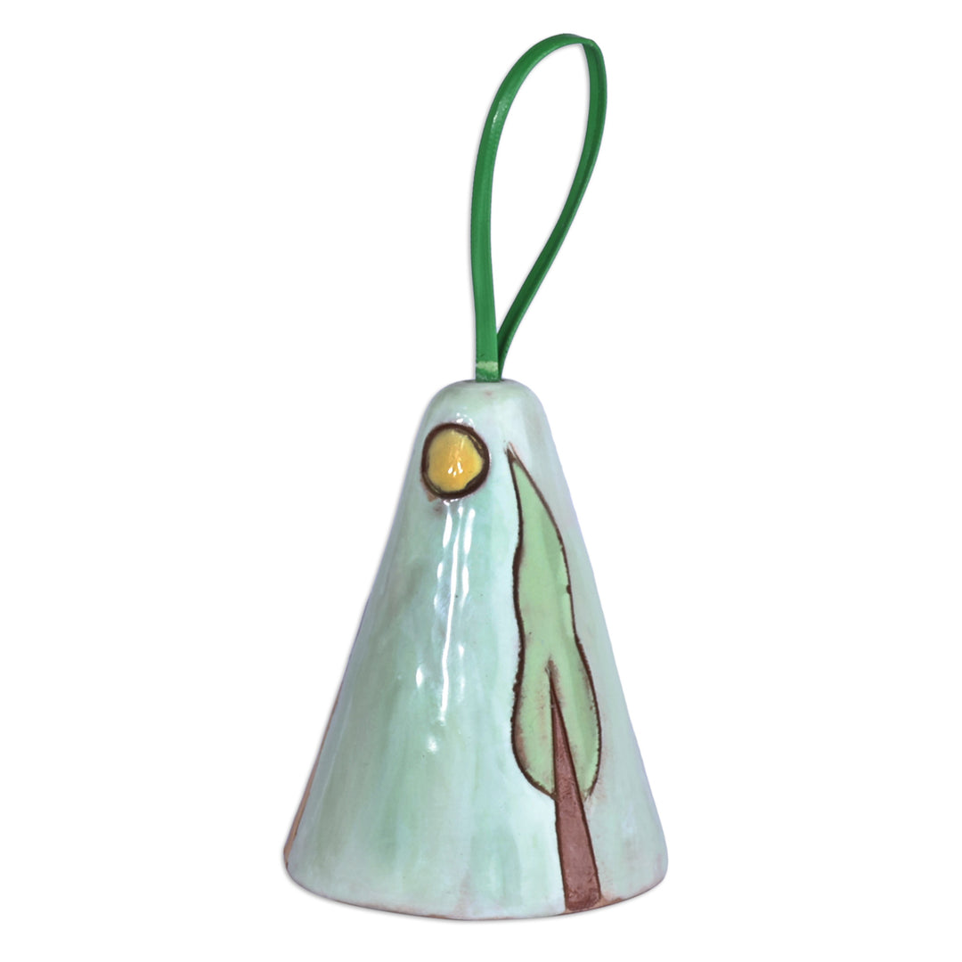 Hand-Painted Green and Yellow Glazed Ceramic Bell Ornament - House and Peace