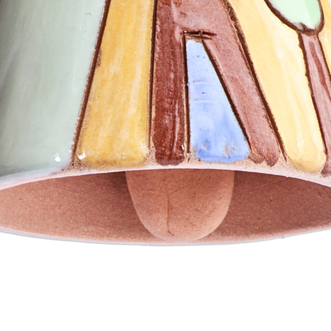 Hand-Painted Green and Yellow Glazed Ceramic Bell Ornament - House and Peace