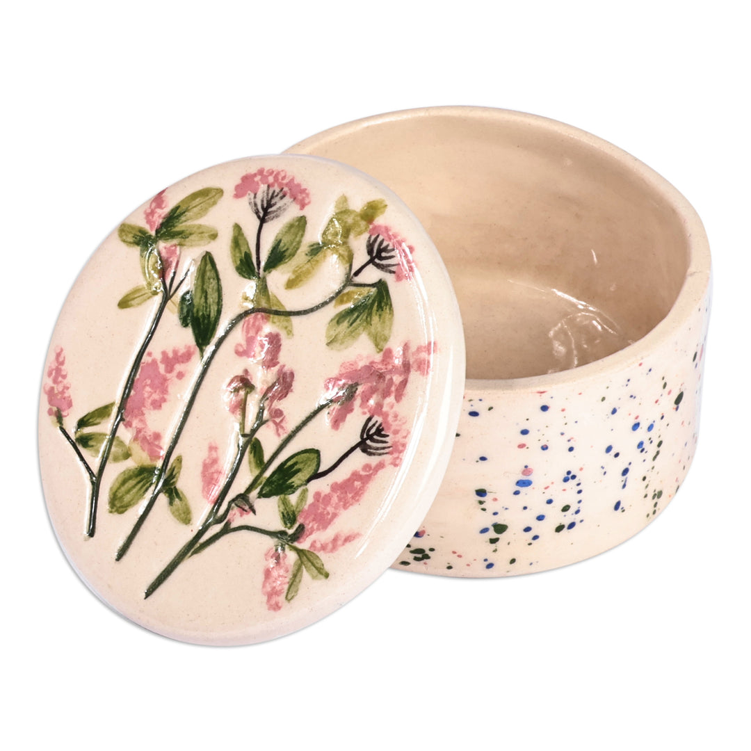 Hand-Painted Glazed Ceramic Jewelry Box with Floral Motif - Flowers and Dots