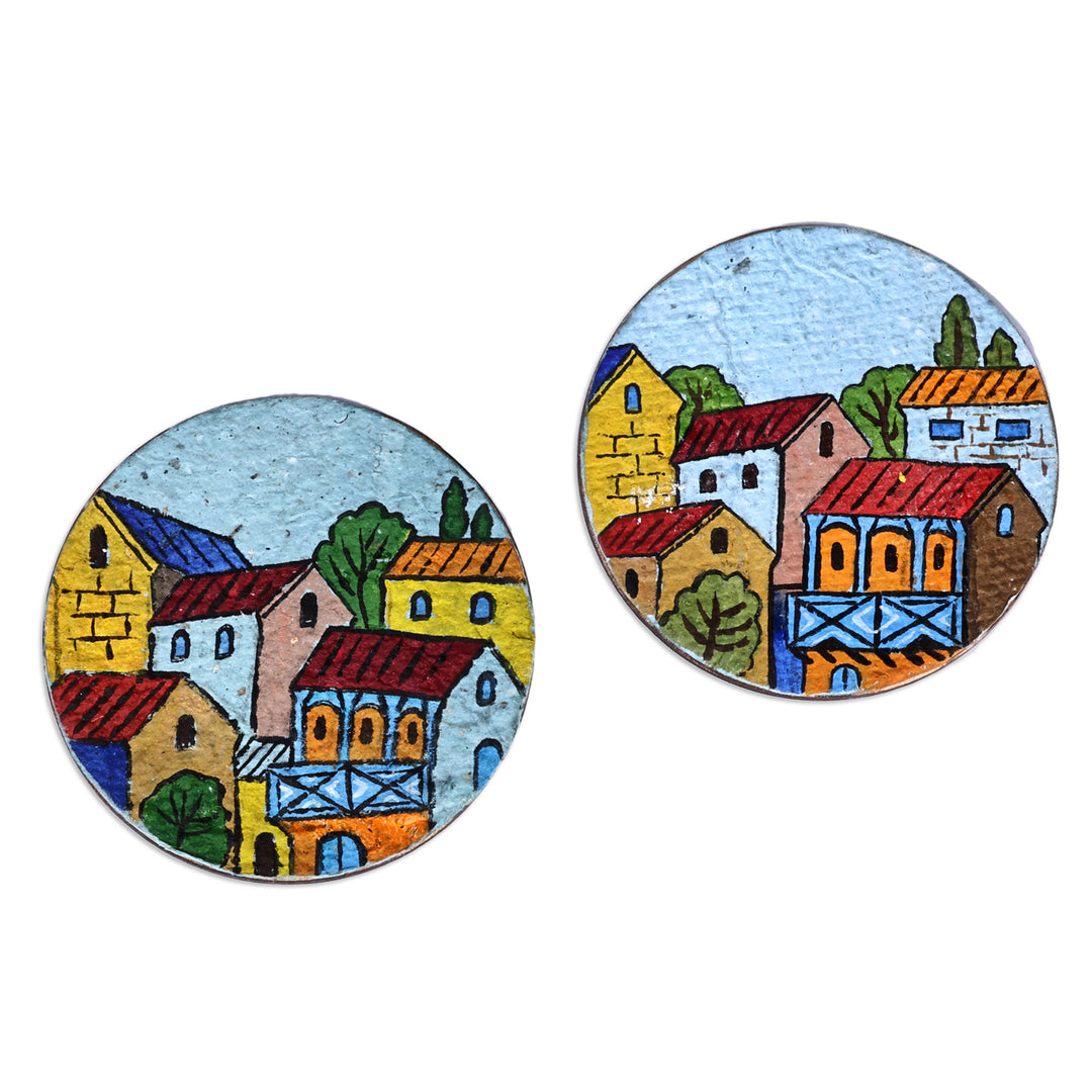 Hand-Painted Colorful Round Recycled Paper Magnets (Pair) - Morning at the Town