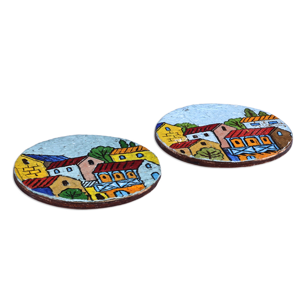Hand-Painted Colorful Round Recycled Paper Magnets (Pair) - Morning at the Town