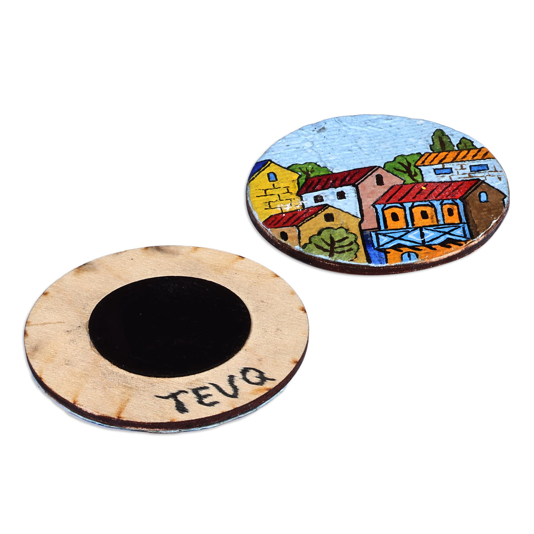 Hand-Painted Colorful Round Recycled Paper Magnets (Pair) - Morning at the Town