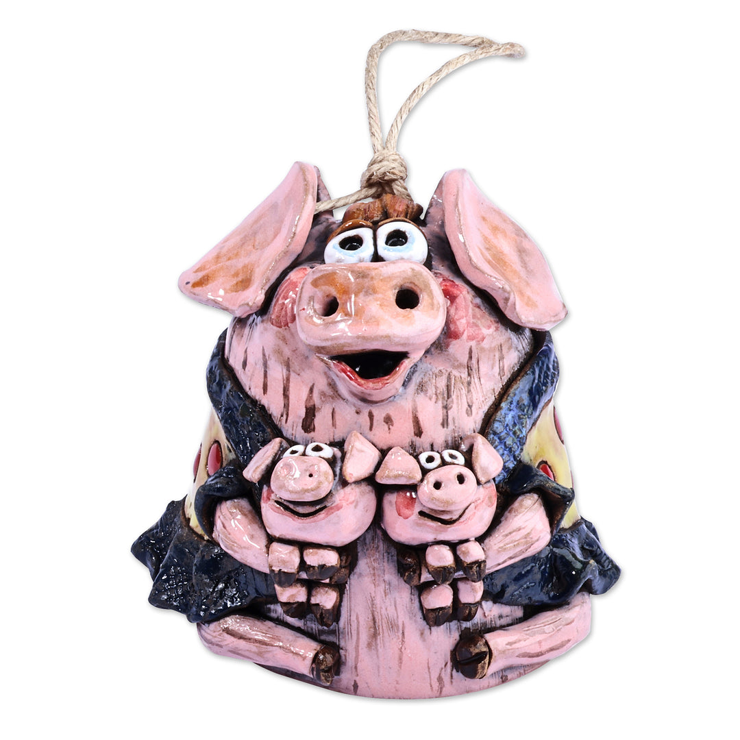 Hand-Painted Mother Pig with Piglets Ceramic Bell Ornament - Momma Pig