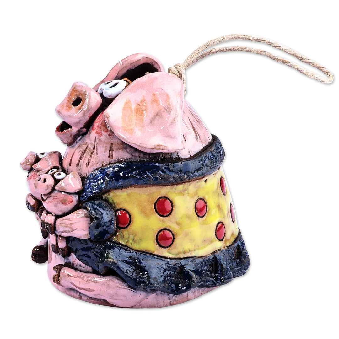 Hand-Painted Mother Pig with Piglets Ceramic Bell Ornament - Momma Pig