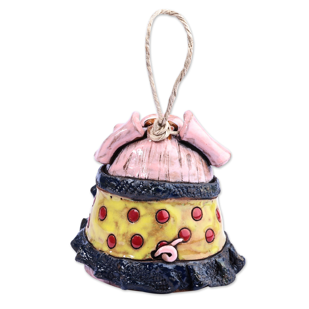 Hand-Painted Mother Pig with Piglets Ceramic Bell Ornament - Momma Pig